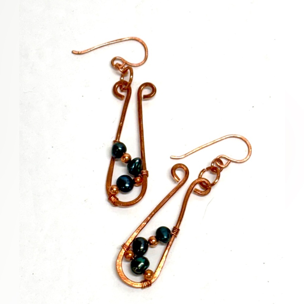 HAND CRAFTED Peacock Blue Freshwater Pearl Wire Wrapped Copper Dangle Earrings